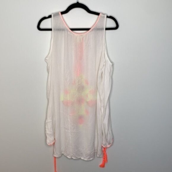 Lucky & Coco Women White Cold shoulder Neon Embroidered Swim Coverup Size Medium - Picture 6 of 9